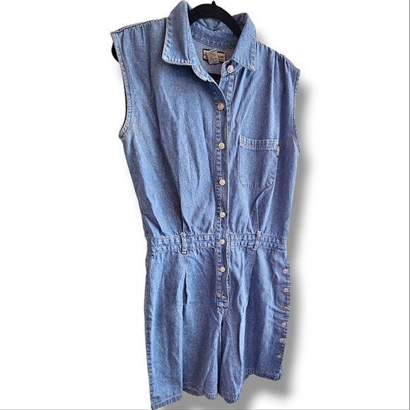 Vintage 90s Denim Blue Jean Cap Sleeve Button Down Romper Size Large - Picture 5 of 6
